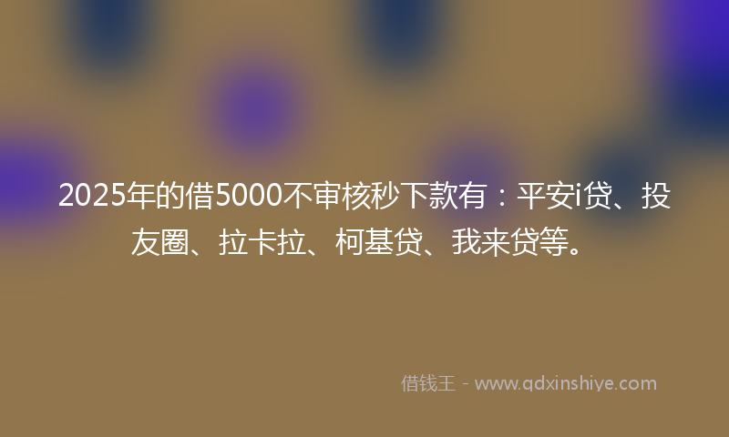 2025年的借5000不审核秒下款有：平安i贷、投友圈、拉卡拉、柯基贷、我来贷等。