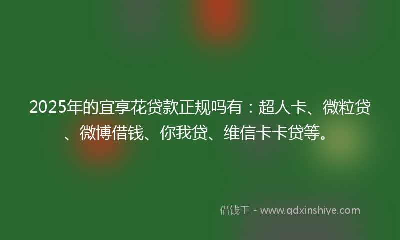 2025年的宜享花贷款正规吗有：超人卡、微粒贷、微博借钱、你我贷、维信卡卡贷等。
