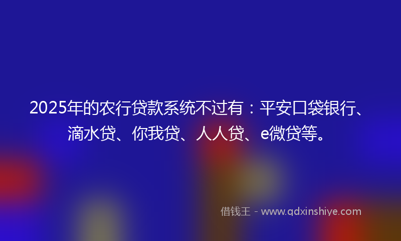 2025年的农行贷款系统不过有：平安口袋银行、滴水贷、你我贷、人人贷、e微贷等。