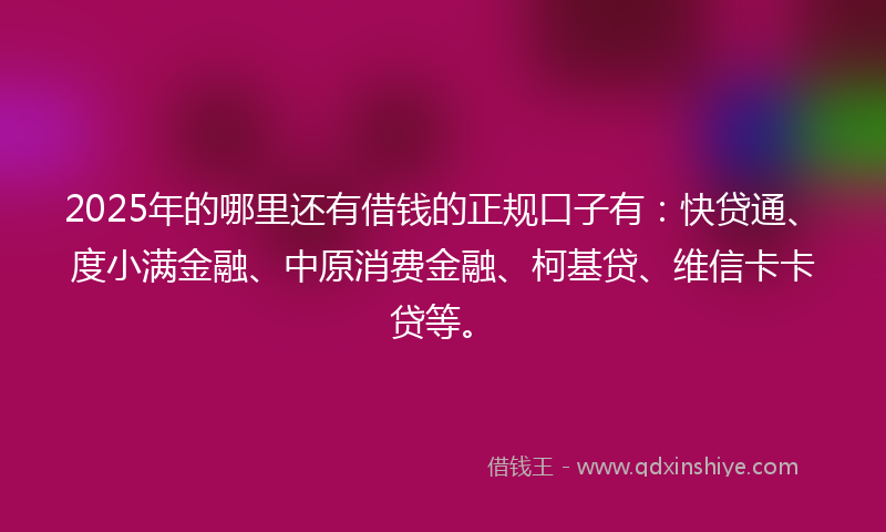 2025年的哪里还有借钱的正规口子有：快贷通、度小满金融、中原消费金融、柯基贷、维信卡卡贷等。