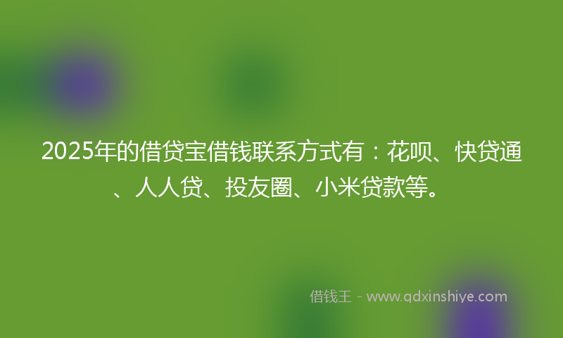 2025年的借贷宝借钱联系方式有：花呗、快贷通、人人贷、投友圈、小米贷款等。