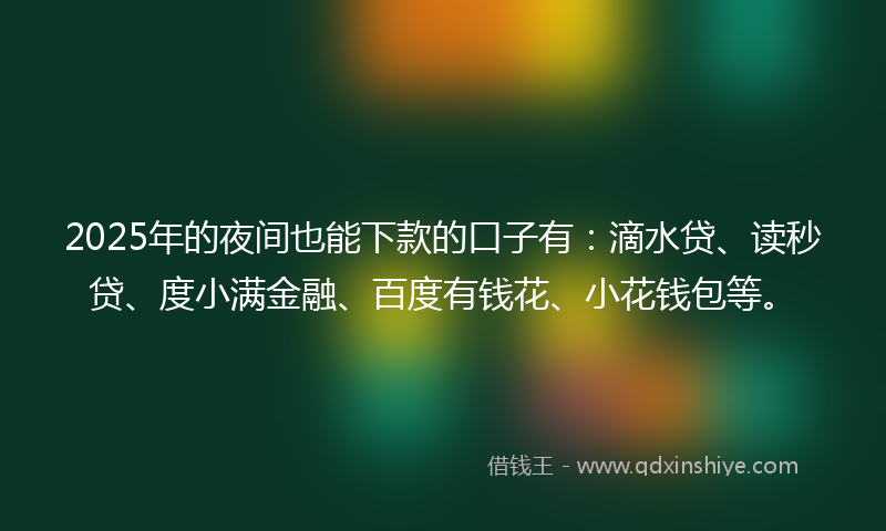 2025年的夜间也能下款的口子有：滴水贷、读秒贷、度小满金融、百度有钱花、小花钱包等。