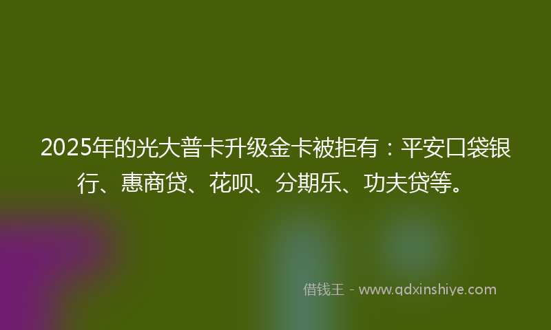 2025年的光大普卡升级金卡被拒有：平安口袋银行、惠商贷、花呗、分期乐、功夫贷等。