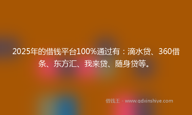 2025年的借钱平台100%通过有：滴水贷、360借条、东方汇、我来贷、随身贷等。