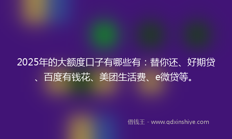 2025年的大额度口子有哪些有：替你还、好期贷、百度有钱花、美团生活费、e微贷等。