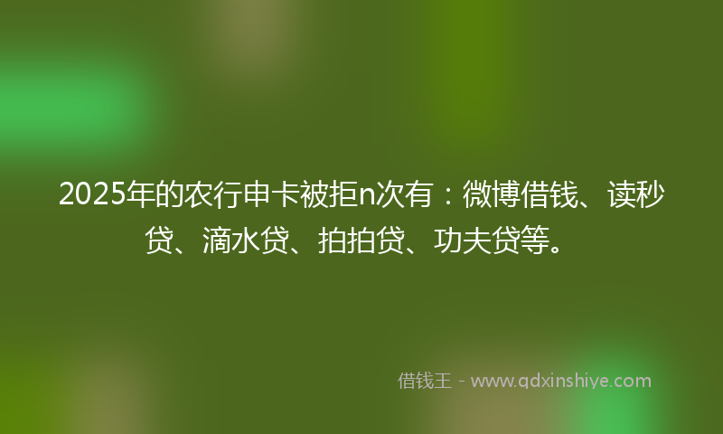 2025年的农行申卡被拒n次有：微博借钱、读秒贷、滴水贷、拍拍贷、功夫贷等。