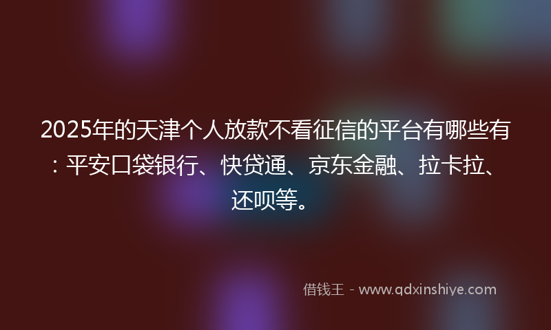 2025年的天津个人放款不看征信的平台有哪些有：平安口袋银行、快贷通、京东金融、拉卡拉、还呗等。