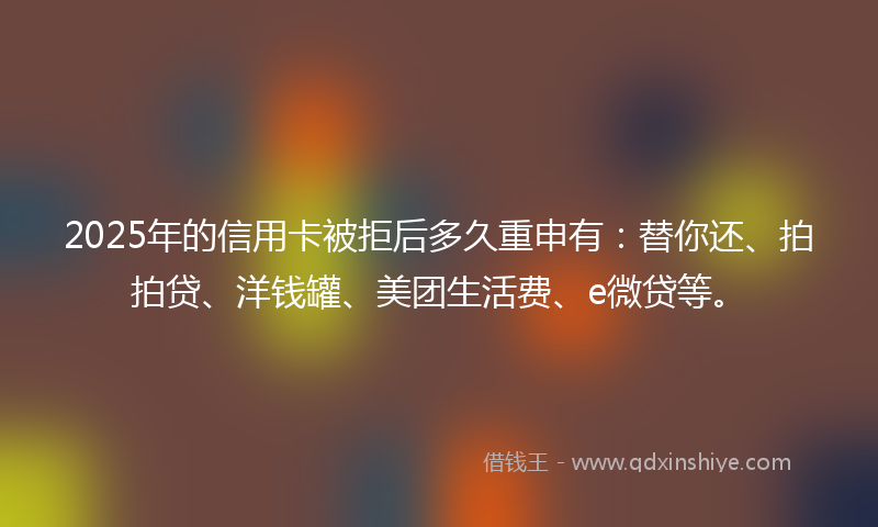 2025年的信用卡被拒后多久重申有：替你还、拍拍贷、洋钱罐、美团生活费、e微贷等。