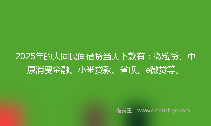 2025年的大同民间借贷当天下款有：微粒贷、中原消费金融、小米贷款、省呗、e微贷等。