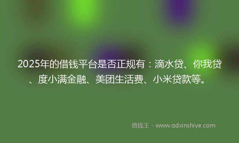 2025年的借钱平台是否正规有：滴水贷、你我贷、度小满金融、美团生活费、小米贷款等。