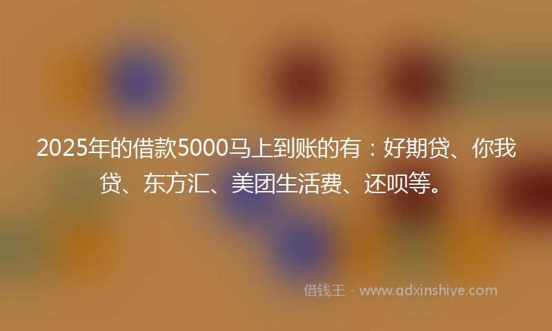 2025年的借款5000马上到账的有：好期贷、你我贷、东方汇、美团生活费、还呗等。
