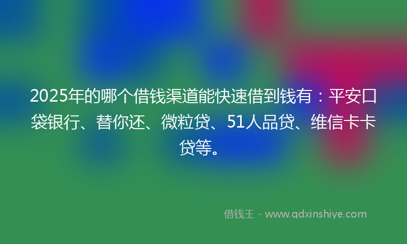 2025年的哪个借钱渠道能快速借到钱有：平安口袋银行、替你还、微粒贷、51人品贷、维信卡卡贷等。