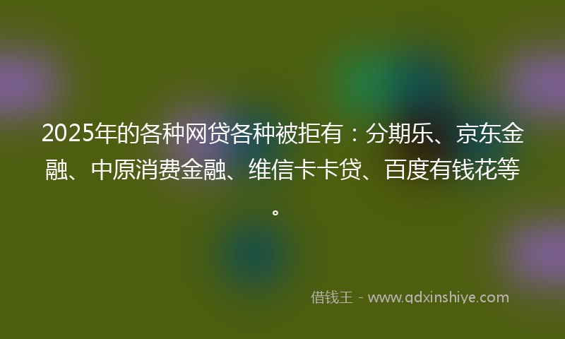 2025年的各种网贷各种被拒有：分期乐、京东金融、中原消费金融、维信卡卡贷、百度有钱花等。