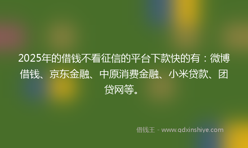 2025年的借钱不看征信的平台下款快的有：微博借钱、京东金融、中原消费金融、小米贷款、团贷网等。
