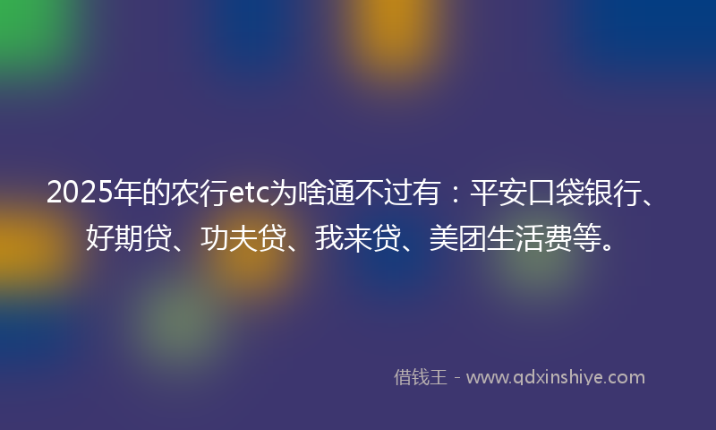 2025年的农行etc为啥通不过有：平安口袋银行、好期贷、功夫贷、我来贷、美团生活费等。