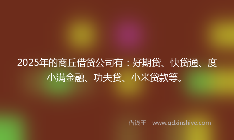 2025年的商丘借贷公司有：好期贷、快贷通、度小满金融、功夫贷、小米贷款等。