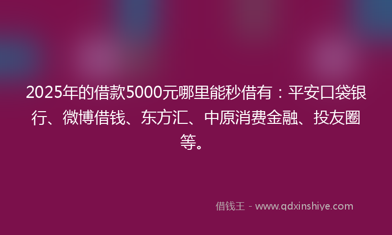 2025年的借款5000元哪里能秒借有：平安口袋银行、微博借钱、东方汇、中原消费金融、投友圈等。