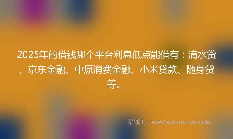 2025年的借钱哪个平台利息低点能借有：滴水贷、京东金融、中原消费金融、小米贷款、随身贷等。