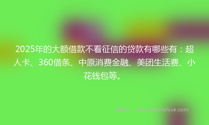 2025年的大额借款不看征信的贷款有哪些有：超人卡、360借条、中原消费金融、美团生活费、小花钱包等。