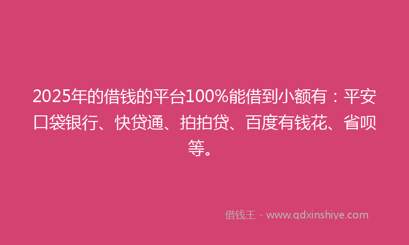 2025年的借钱的平台100%能借到小额有：平安口袋银行、快贷通、拍拍贷、百度有钱花、省呗等。