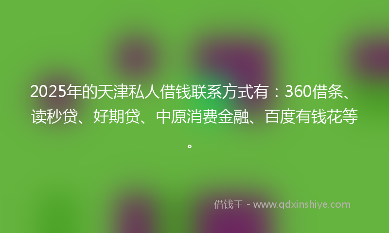 2025年的天津私人借钱联系方式有：360借条、读秒贷、好期贷、中原消费金融、百度有钱花等。