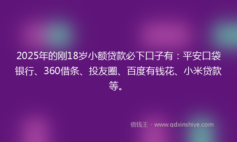 2025年的刚18岁小额贷款必下口子有：平安口袋银行、360借条、投友圈、百度有钱花、小米贷款等。