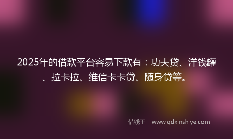 2025年的借款平台容易下款有：功夫贷、洋钱罐、拉卡拉、维信卡卡贷、随身贷等。