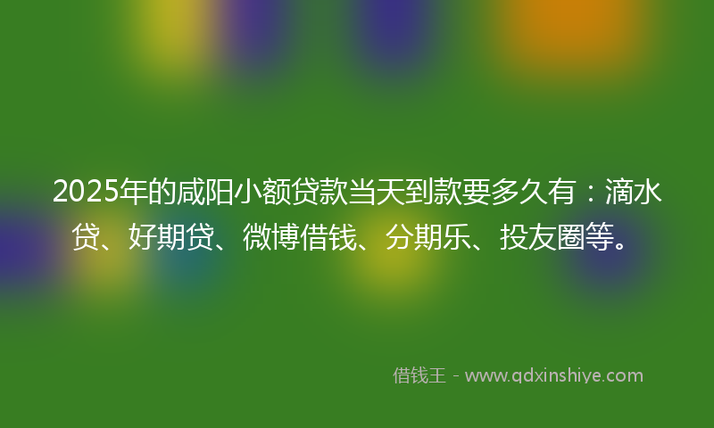 2025年的咸阳小额贷款当天到款要多久有：滴水贷、好期贷、微博借钱、分期乐、投友圈等。