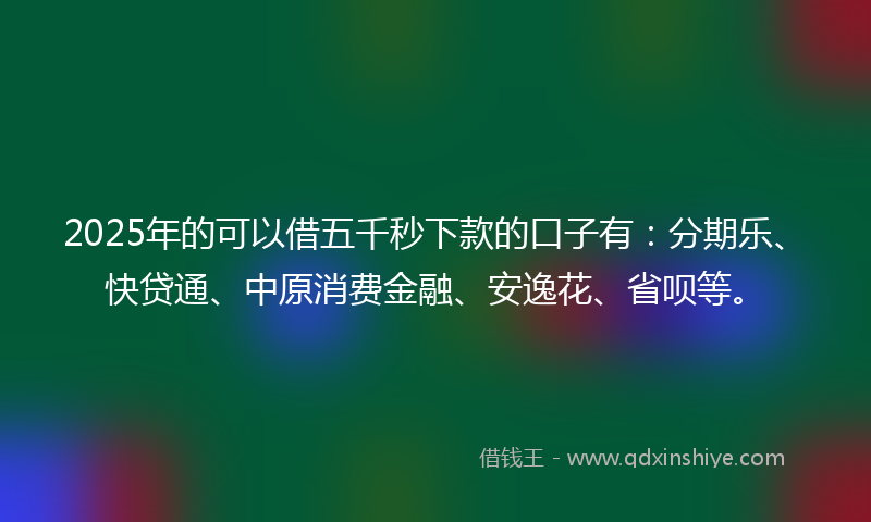 2025年的可以借五千秒下款的口子有：分期乐、快贷通、中原消费金融、安逸花、省呗等。