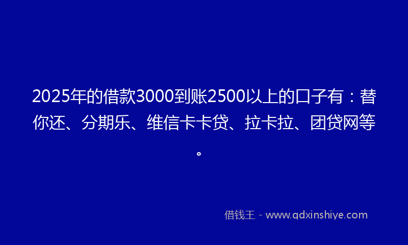 2025年的借款3000到账2500以上的口子有：替你还、分期乐、维信卡卡贷、拉卡拉、团贷网等。