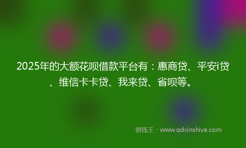 2025年的大额花呗借款平台有：惠商贷、平安i贷、维信卡卡贷、我来贷、省呗等。