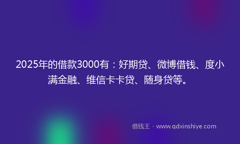 2025年的借款3000有：好期贷、微博借钱、度小满金融、维信卡卡贷、随身贷等。
