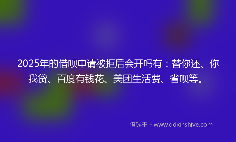 2025年的借呗申请被拒后会开吗有：替你还、你我贷、百度有钱花、美团生活费、省呗等。