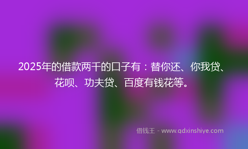 2025年的借款两千的口子有：替你还、你我贷、花呗、功夫贷、百度有钱花等。