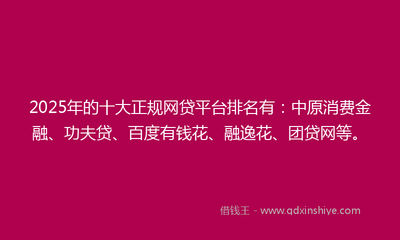 2025年的十大正规网贷平台排名有：中原消费金融、功夫贷、百度有钱花、融逸花、团贷网等。