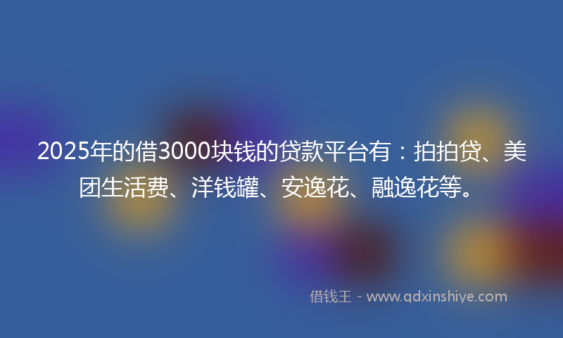 2025年的借3000块钱的贷款平台有：拍拍贷、美团生活费、洋钱罐、安逸花、融逸花等。
