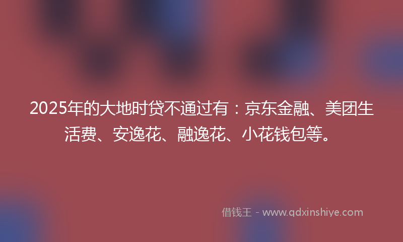 2025年的大地时贷不通过有：京东金融、美团生活费、安逸花、融逸花、小花钱包等。