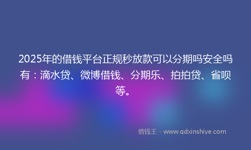 2025年的借钱平台正规秒放款可以分期吗安全吗有：滴水贷、微博借钱、分期乐、拍拍贷、省呗等。