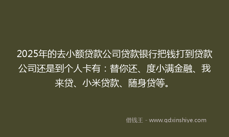 2025年的去小额贷款公司贷款银行把钱打到贷款公司还是到个人卡有：替你还、度小满金融、我来贷、小米贷款、随身贷等。