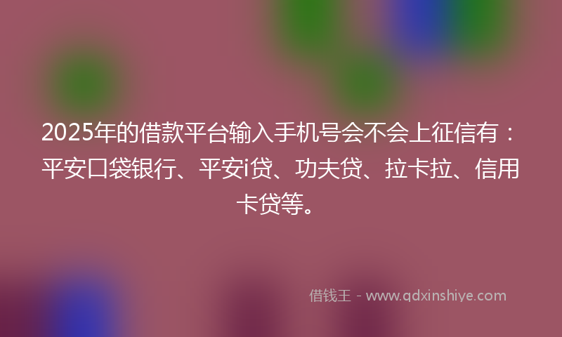 2025年的借款平台输入手机号会不会上征信有：平安口袋银行、平安i贷、功夫贷、拉卡拉、信用卡贷等。