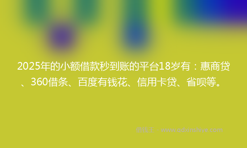 2025年的小额借款秒到账的平台18岁有：惠商贷、360借条、百度有钱花、信用卡贷、省呗等。
