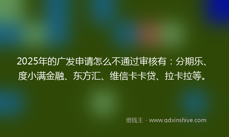 2025年的广发申请怎么不通过审核有：分期乐、度小满金融、东方汇、维信卡卡贷、拉卡拉等。