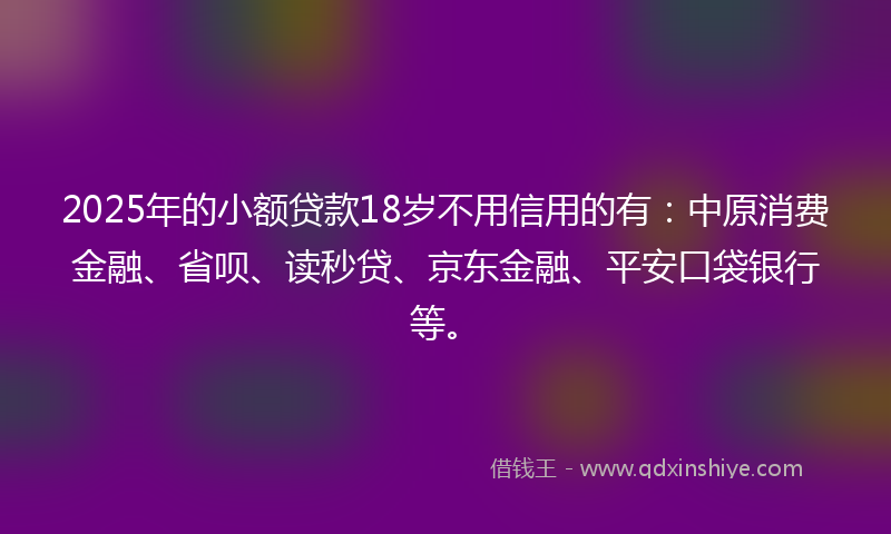 2025年的小额贷款18岁不用信用的有：中原消费金融、省呗、读秒贷、京东金融、平安口袋银行等。