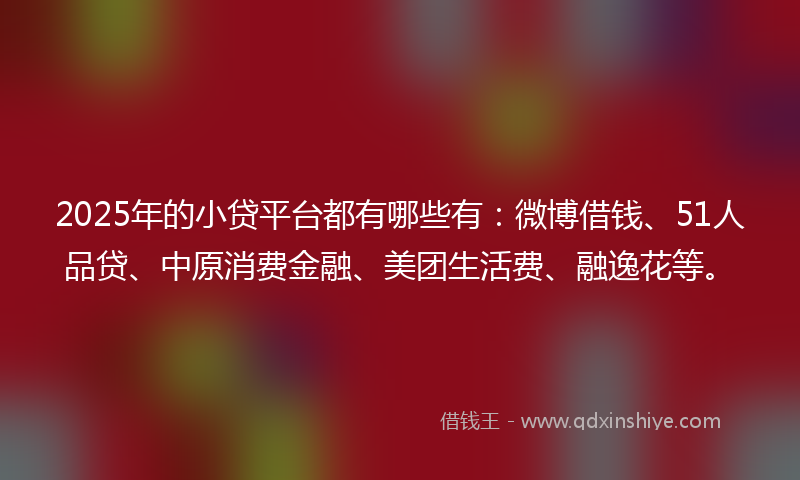 2025年的小贷平台都有哪些有：微博借钱、51人品贷、中原消费金融、美团生活费、融逸花等。