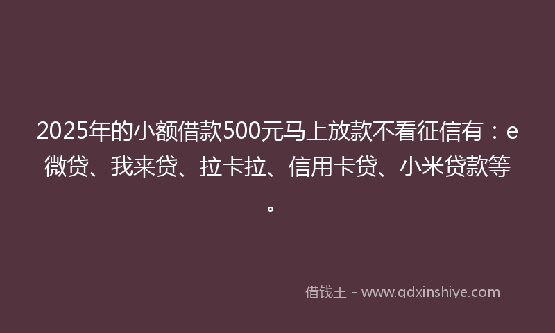 2025年的小额借款500元马上放款不看征信有：e微贷、我来贷、拉卡拉、信用卡贷、小米贷款等。