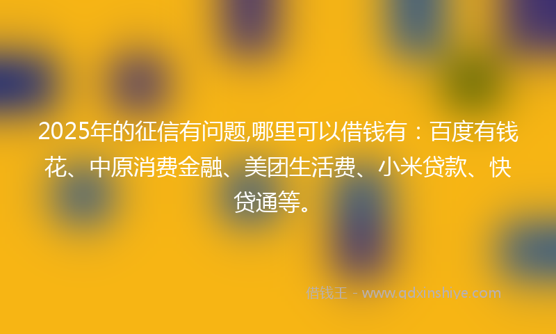 2025年的征信有问题,哪里可以借钱有：百度有钱花、中原消费金融、美团生活费、小米贷款、快贷通等。