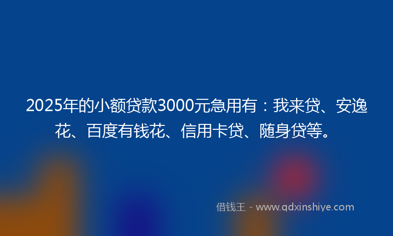 2025年的小额贷款3000元急用有：我来贷、安逸花、百度有钱花、信用卡贷、随身贷等。