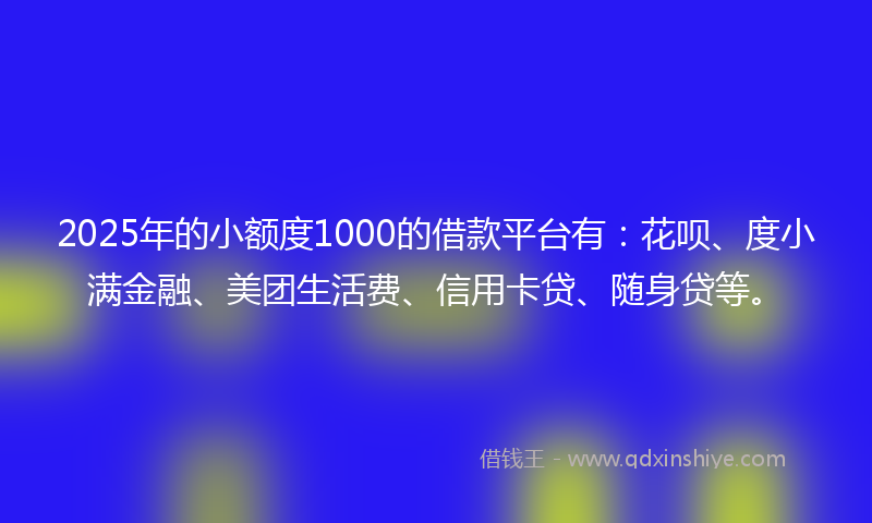 2025年的小额度1000的借款平台有：花呗、度小满金融、美团生活费、信用卡贷、随身贷等。