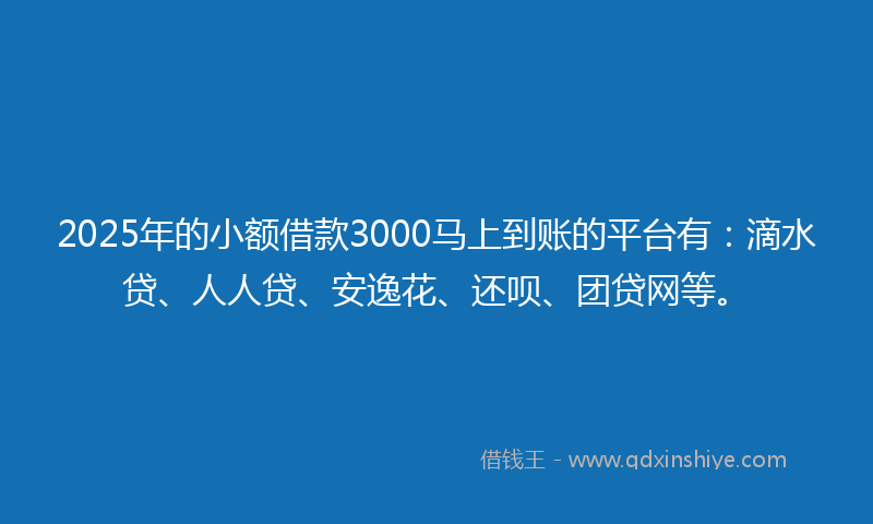 2025年的小额借款3000马上到账的平台有：滴水贷、人人贷、安逸花、还呗、团贷网等。