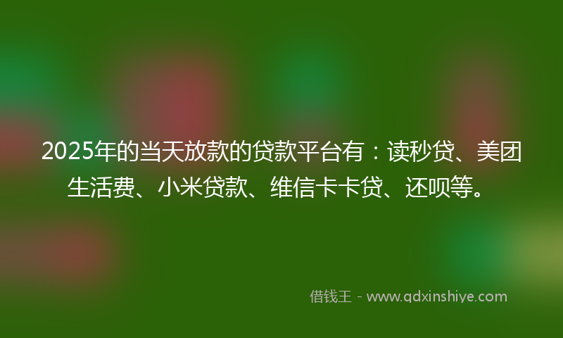 2025年的当天放款的贷款平台有：读秒贷、美团生活费、小米贷款、维信卡卡贷、还呗等。